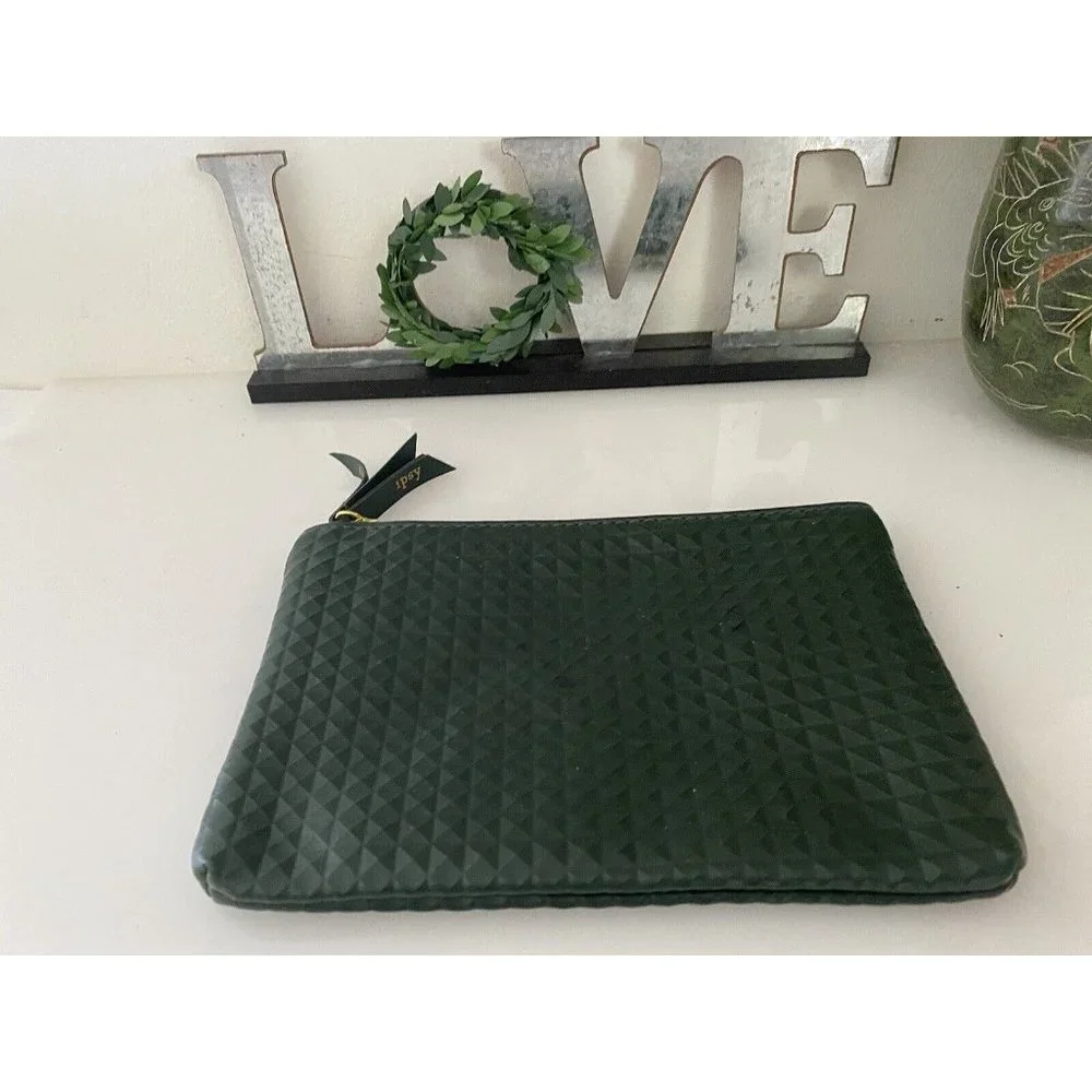 Vintage Ipsy Glam Cosmetics Makeup Bag Dark‎ Green Bag Textured Zippered GUC